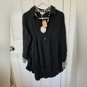 Umgee Black Blouse with Leopard Accents